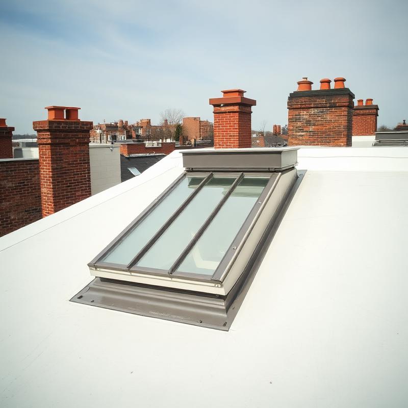 Skylight installation on a flat roof with brick chimneys
