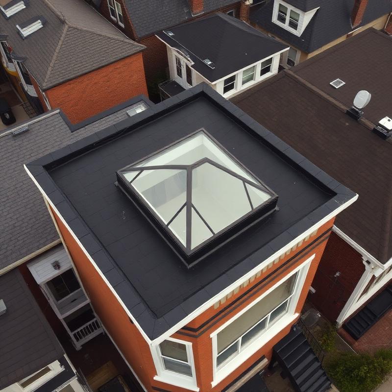 Aerial view of a black flat roof with skylight on a DC rowhouse