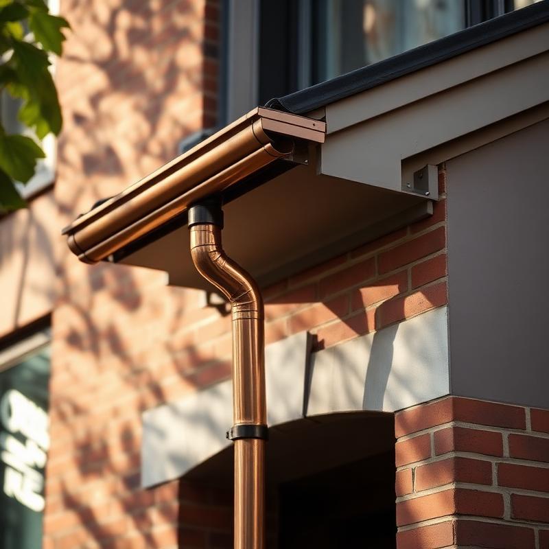 Copper gutter and downspout on a brick rowhouse